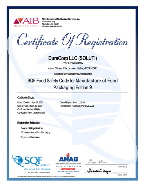 SQF Certificate of safety